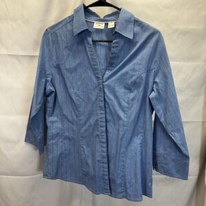 Lee Riders Button Up Easy Care Shirt Women's Med. Blue Striped ¾ Sleeve Slimming